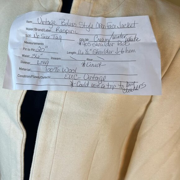 Vintage Raspini 100% Wool Bolero Women's Jacket Cream Open Face Shoulder Pads  C - Picture 2 of 10